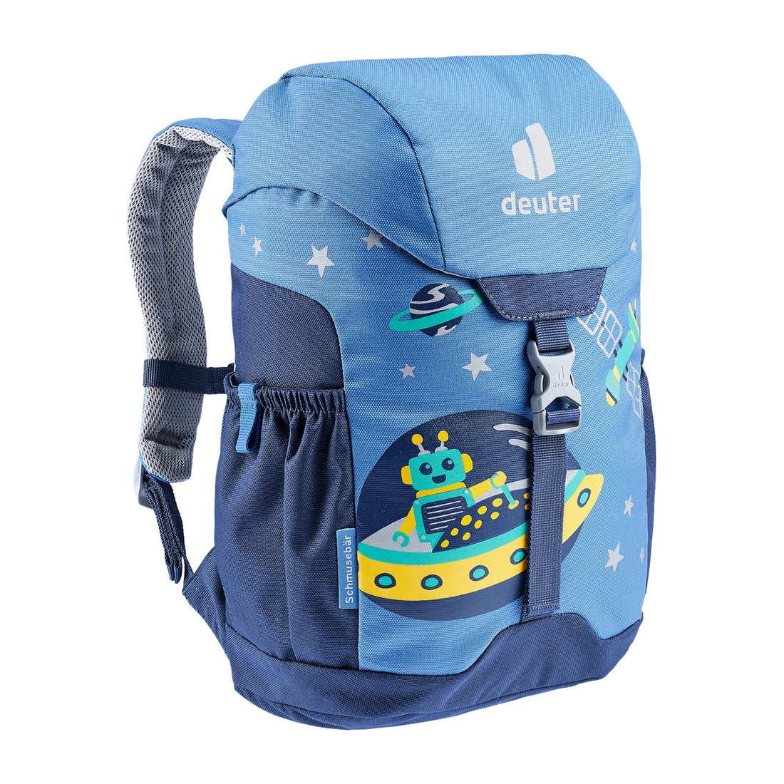 Deuter Schmusebär Kids' Backpack in Wave Nightblue — angled front view showing buckle and side pockets