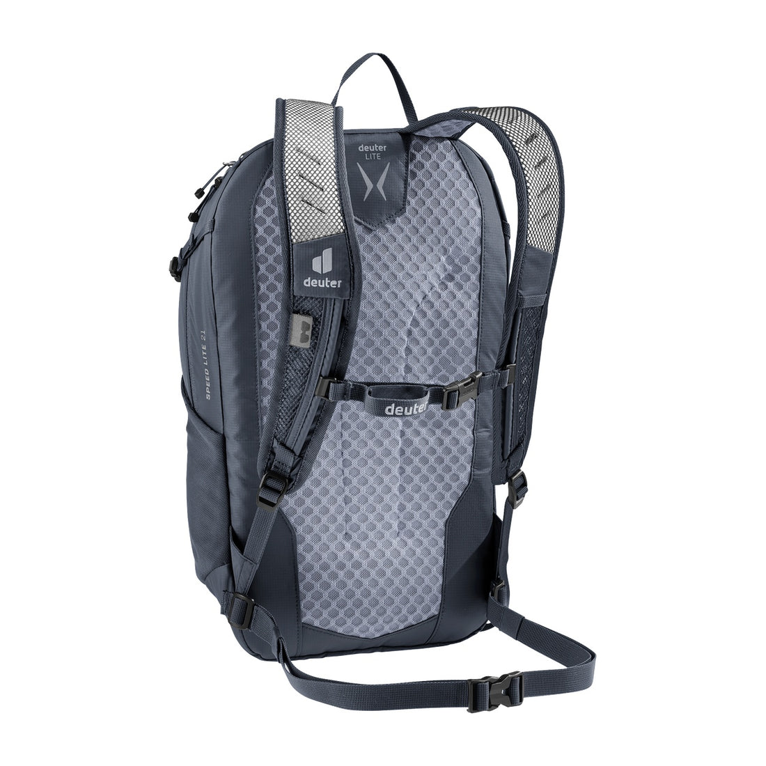 Deuter Speed Lite 21 Hiking Backpack in Black — rear three-quarter view showing back panel and sternum strap