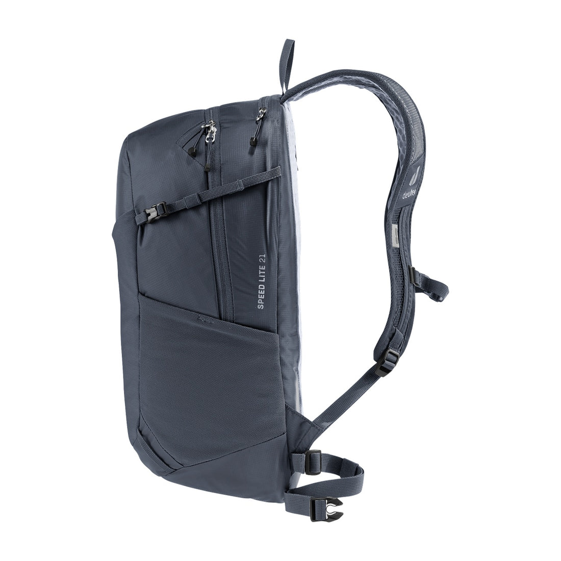 Deuter Speed Lite 21 Hiking Backpack in Black — left-side view showing side panel and hip belt
