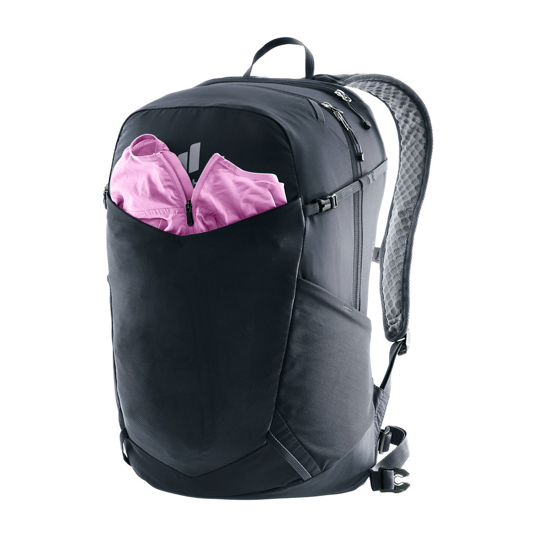 Deuter Speed Lite 21 Hiking Backpack in Black — front stretch compartment holding a pink jacket