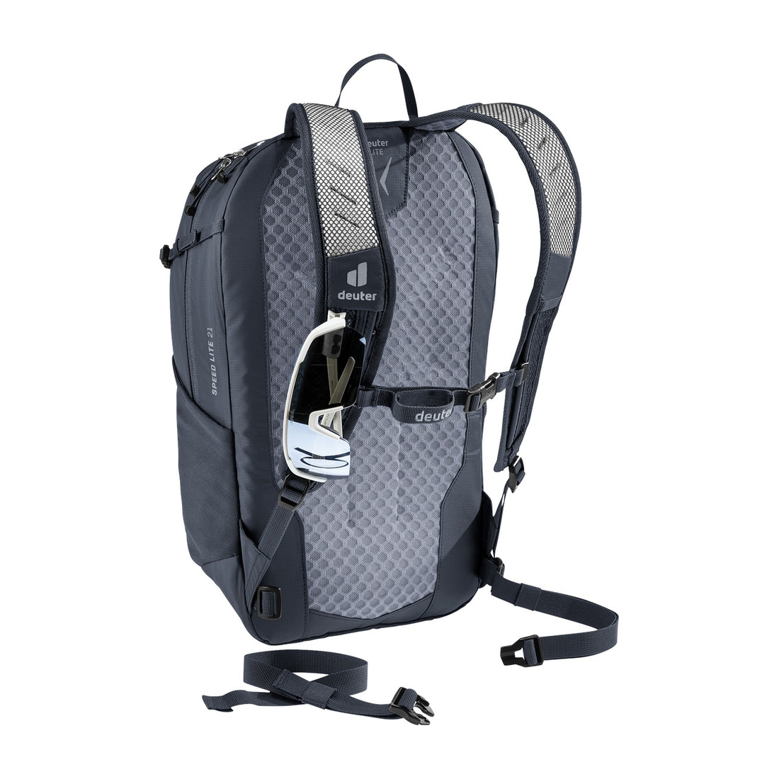 Deuter Speed Lite 21 Hiking Backpack in Black — rear three-quarter view with gloves in shoulder-strap pocket