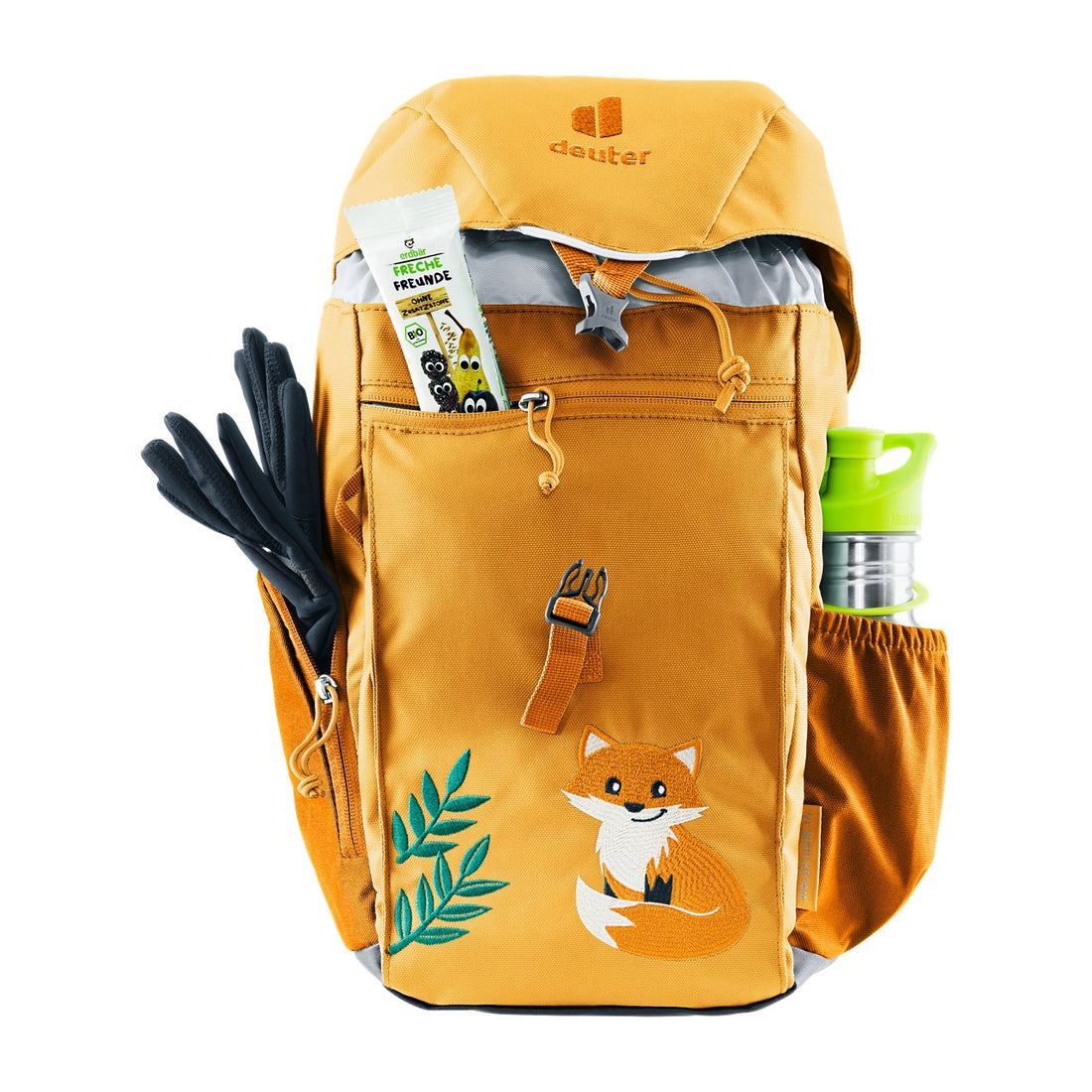 Deuter Waldfuchs 14 Kids' Hiking Backpack in Amber Maple — front view with external pockets holding outdoor items