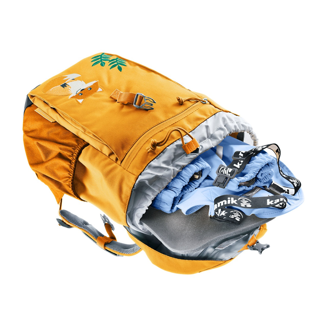 Deuter Waldfuchs 14 Kids' Hiking Backpack in Amber Maple — open main compartment holding folded clothing