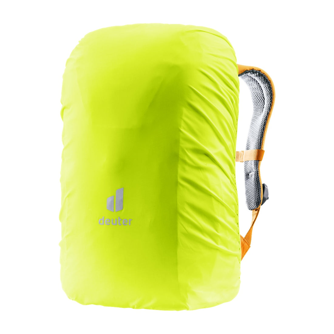 Deuter Waldfuchs 14 Kids' Hiking Backpack in Amber Maple — backpack covered by fluorescent yellow rain cover