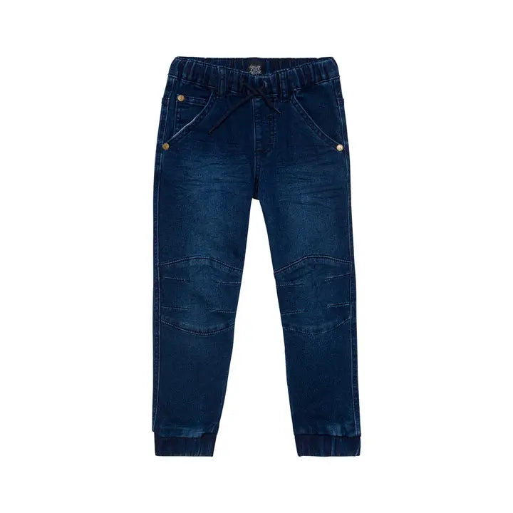 Deux Par Deux French Terry Jogger Pant Navy Denim laid flat with elastic waist, pockets, and ribbed cuffs.