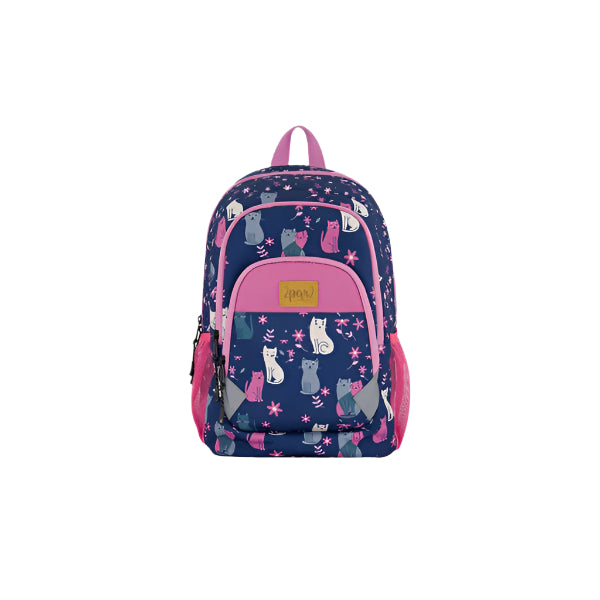 Deux Par Deux Toddler Backpack, navy with pink accents and cat print, pink front pocket and side pockets visible.