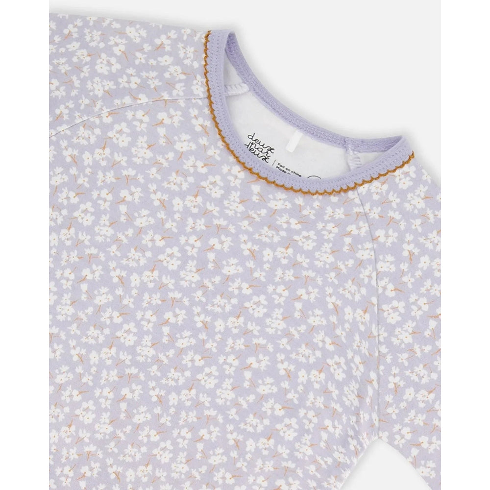 DEUX PAR DEUX DeuxparDeux Organic Cotton Two Piece Pajama Set Lilac Printed Little Flowers; close-up shows orange-trim neckline.