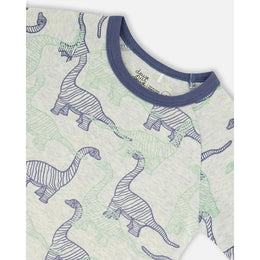 Deuxpardeux Organic Cotton Two Piece Short Pajama Set Heather Beige Printed Dinosaurs