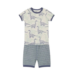 Deuxpardeux Organic Cotton Two Piece Short Pajama Set Heather Beige Printed Dinosaurs
