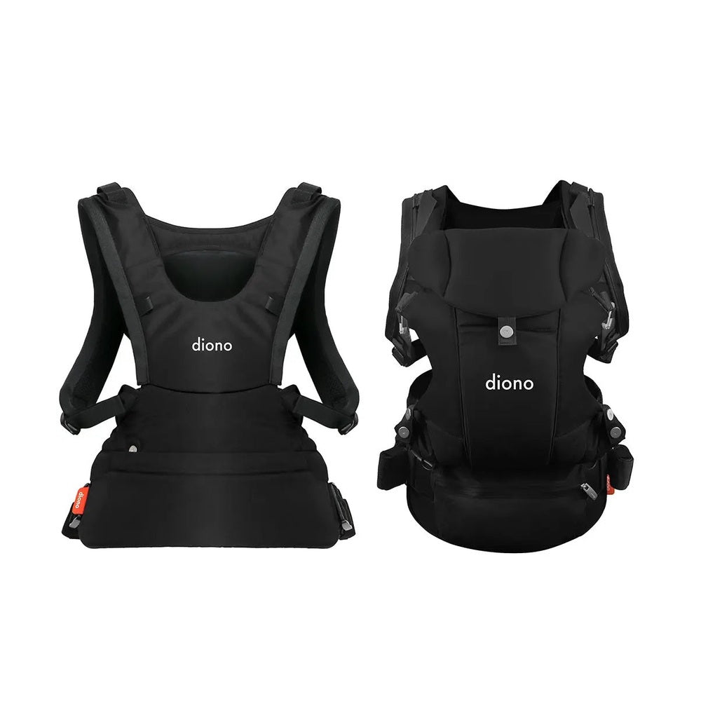 Diono Carus Essentials 3-in-1 baby carrier in black, front and back views show padded shoulder straps and waist belt.