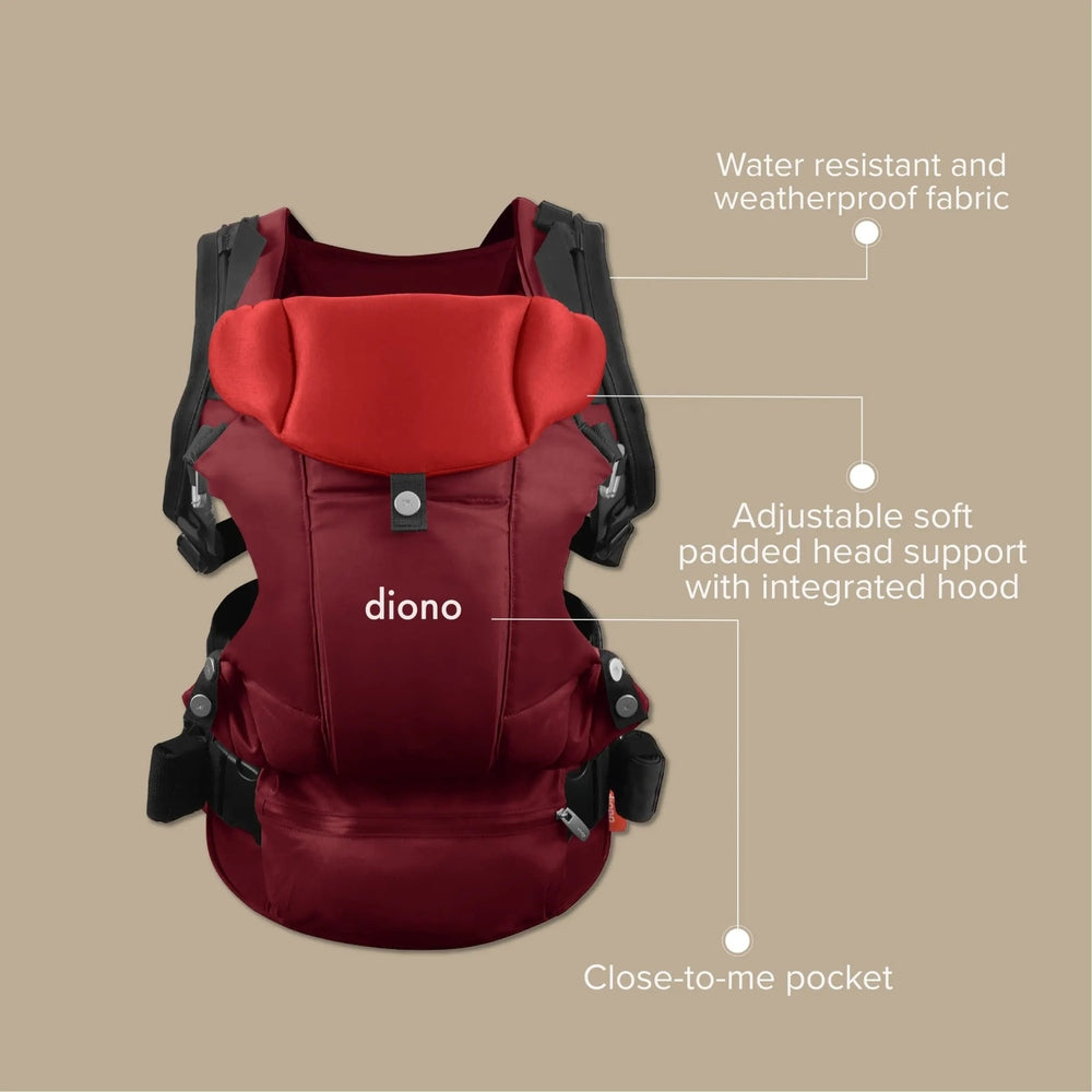 Diono Carus Essentials 3-in-1 baby carrier in red, worn with integrated hood and adjustable padded head support.
