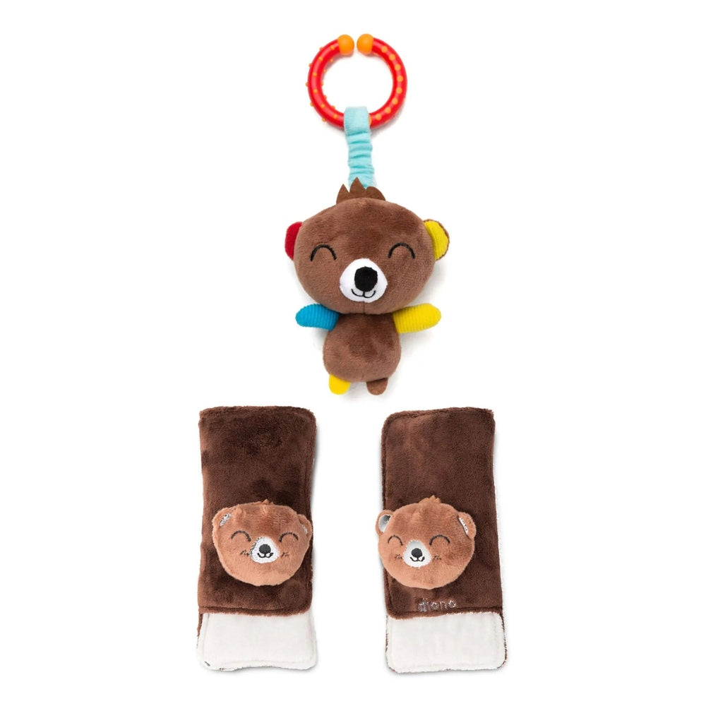 Diono Harness Soft Wraps & Linkie Toy: two brown bear wraps with faces, plus a hanging Linkie toy tethered to a colorful ring.