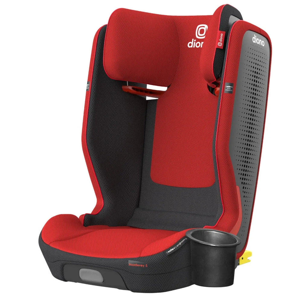 Diono Monterey 5 Ist Fixsafe Latch booster seat in red and black; built-in cup holder shown attached to the side.
