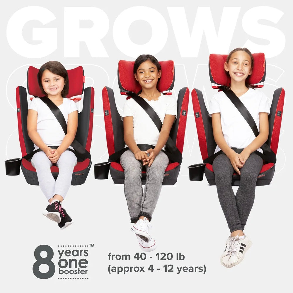Diono Monterey 5 IST FixSafe LATCH booster seat in red and black, three kids buckling their seatbelts.