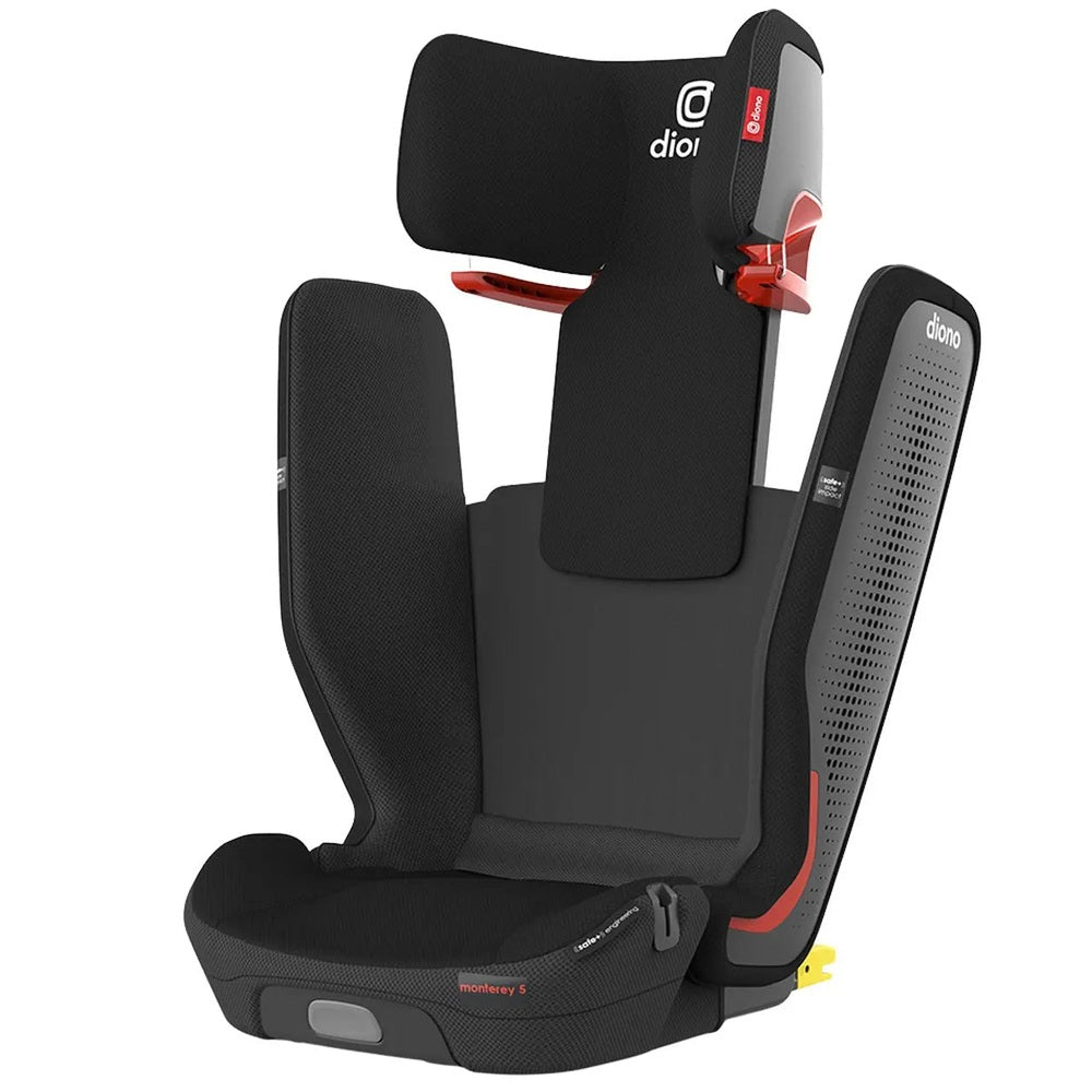 Diono Monterey 5 IST Fixsafe Latch booster seat in black fabric with red accents and visible headrest.