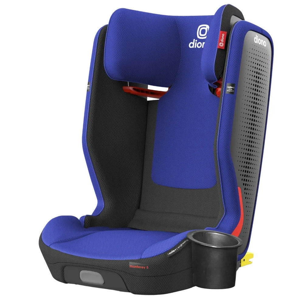 Diono Monterey 5 Ist Fixsafe Latch booster seat in blue with built-in cup holder and padded headrest