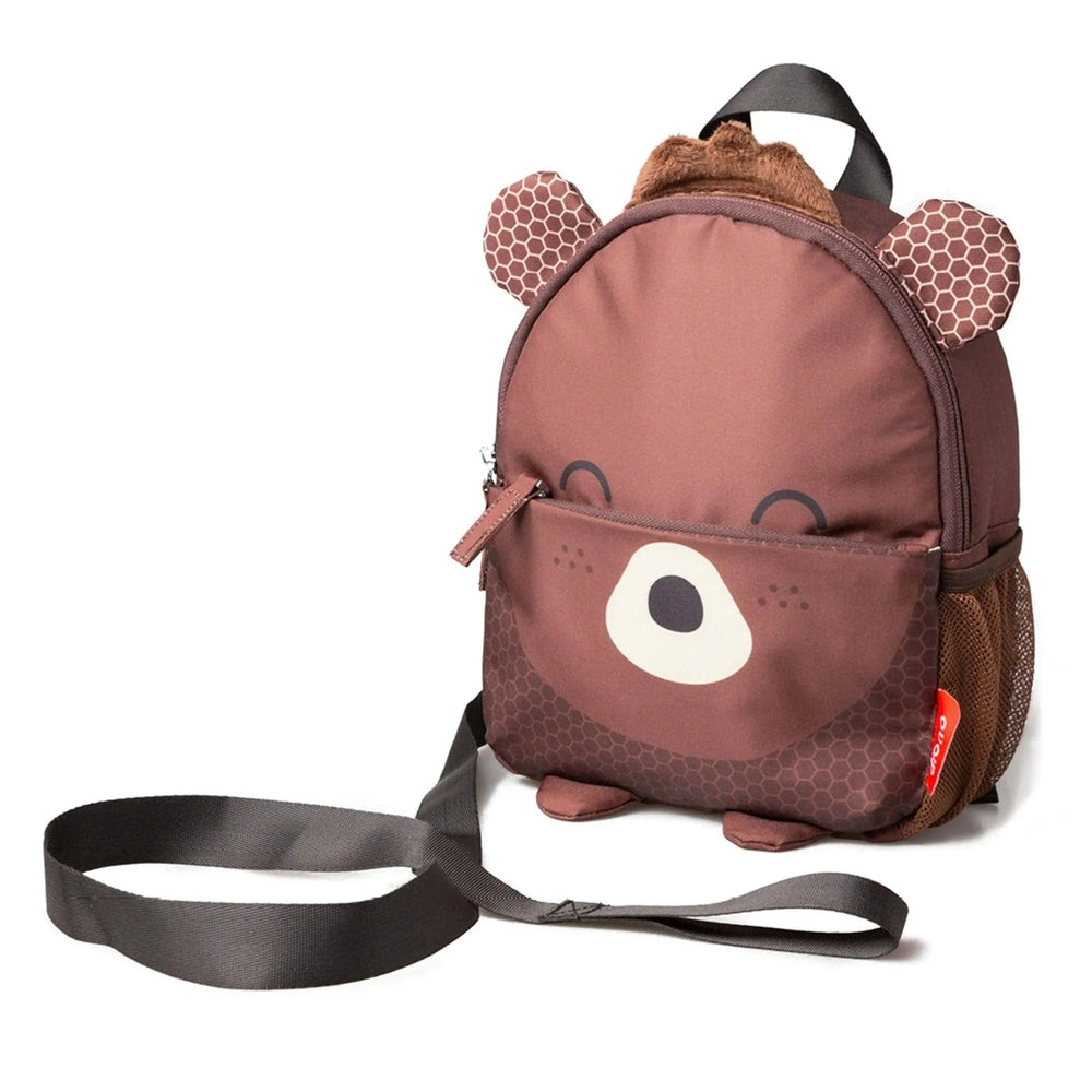 Diono Safety Reins and Backpack Sure Steps brown bear backpack with ears, leash strap, and side mesh pocket
