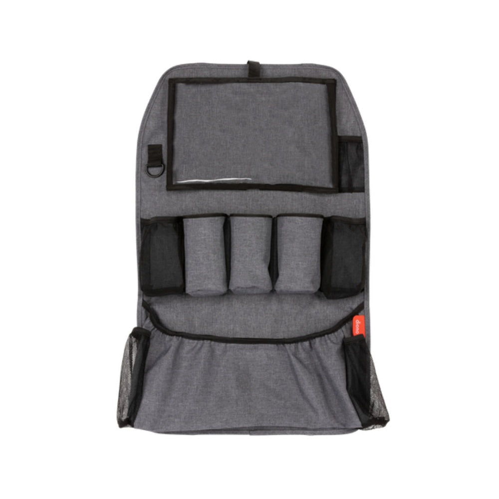 Diono Stow N Go Backseat Organizer XL in gray fabric with six slim pockets and mesh side pockets
