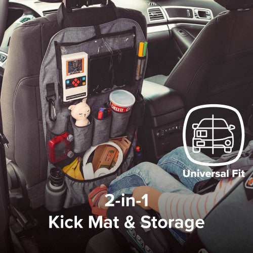 Diono Stow N Go Backseat Organizer XL with 2-in-1 kick mat and gray fabric pockets in car
