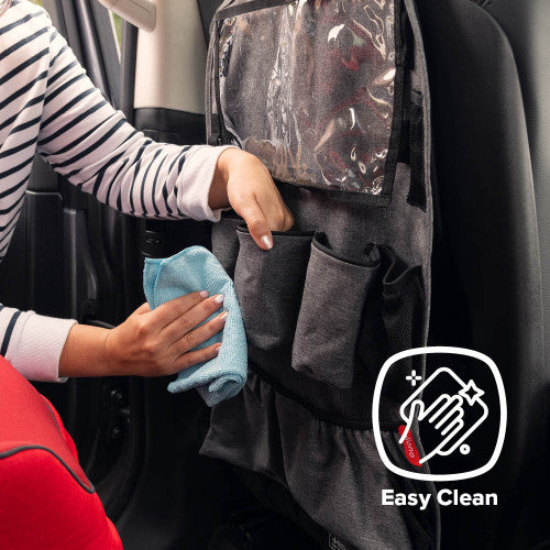 Diono Stow 'N Go Backseat Organizer XL in black/gray fabric with multiple pockets and easy-clean design