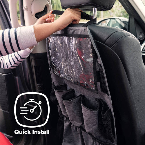 Diono Stow N Go Backseat Organizer XL in black fabric with clear top pocket and multiple cup pockets