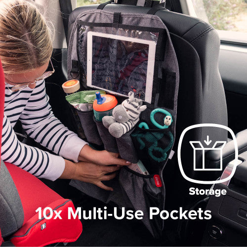 Diono Stow N Go Backseat Organizer XL in gray fabric with tablet pocket and ten storage pockets