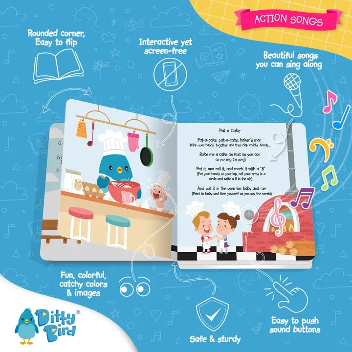 Ditty Bird Sound Book Action Songs USB-C rechargeable, bright educational toy with music notes and a child pressing a button.