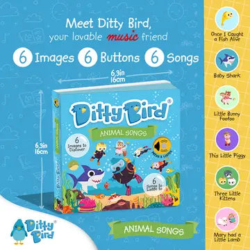 Ditty Bird Sound Book Animal Songs USB-C Rechargeable in bright blue; shows 6 buttons and 6 songs with cartoon animals.