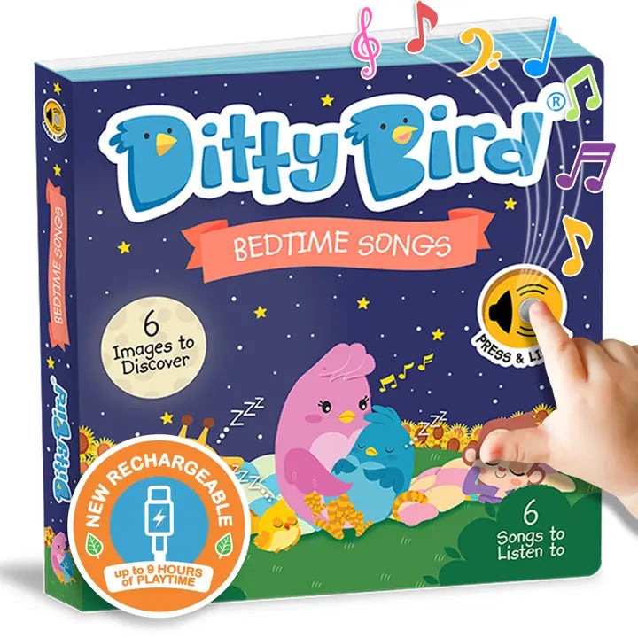 Ditty Bird Sound Book Bedtime Songs USB-C Rechargeable, blue night-sky box; hand presses button to play lullabies.