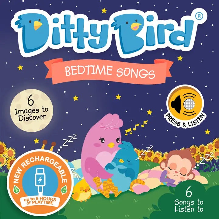 Ditty Bird Sound Book Bedtime Songs USB-C rechargeable; pink and blue birds cuddle as a child naps, 6 songs to listen.