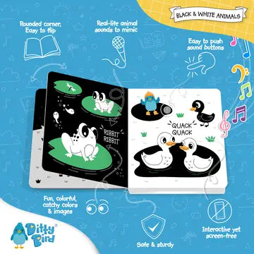 Ditty Bird Sound Book Black and White Animals USB-C Rechargeable, open pages show animals and interactive sound buttons.
