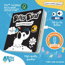 Ditty Bird Sound Book Black and White Animals USB-C Rechargeable