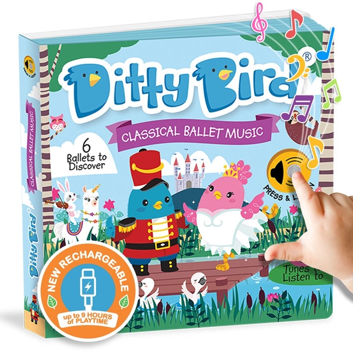 Ditty Bird Sound Book Classical Ballet Music USB-C Rechargeable: colorful box, hand taps play button.