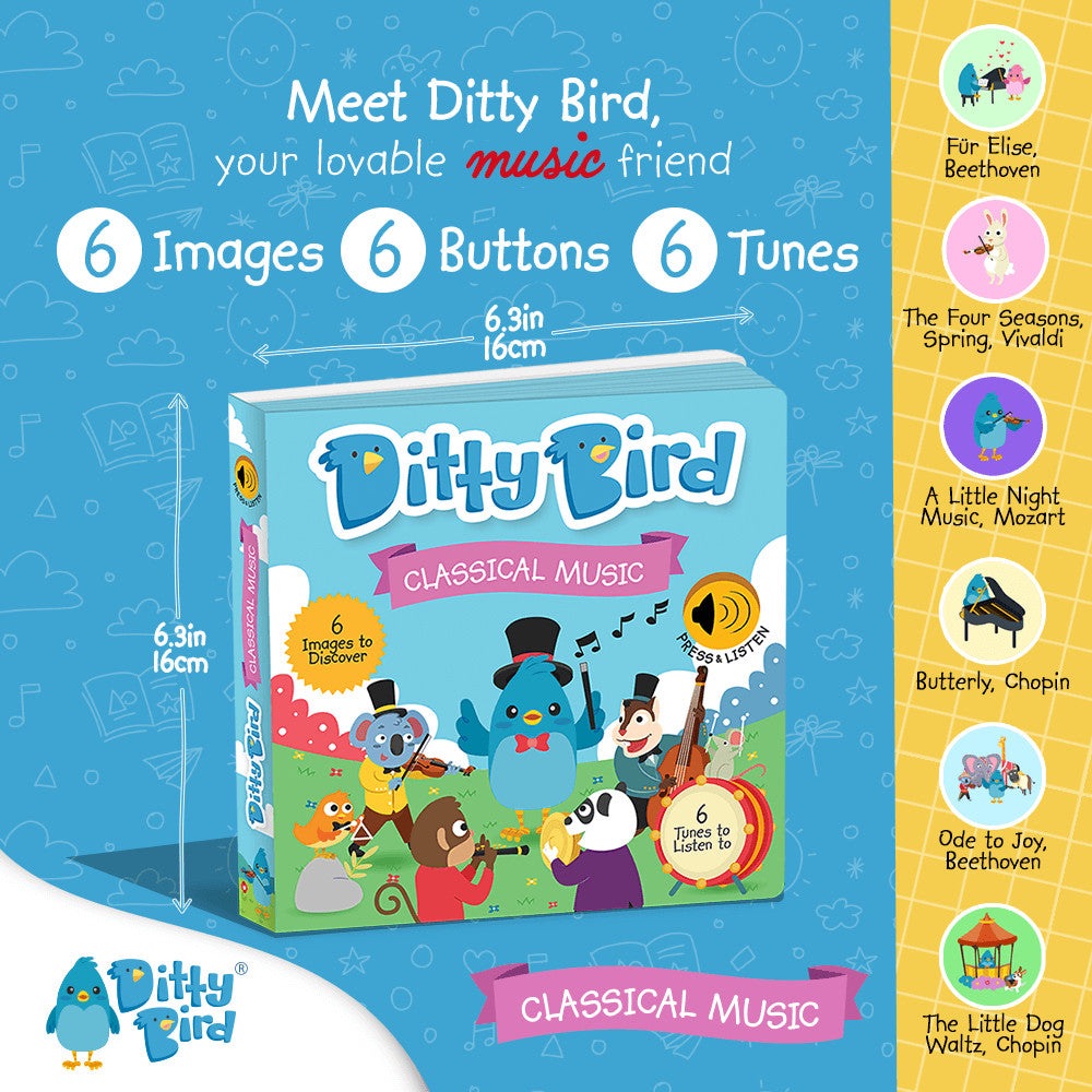 Ditty Bird Classical Music sound book toy, blue box with 6 tunes, by Ditty Bird