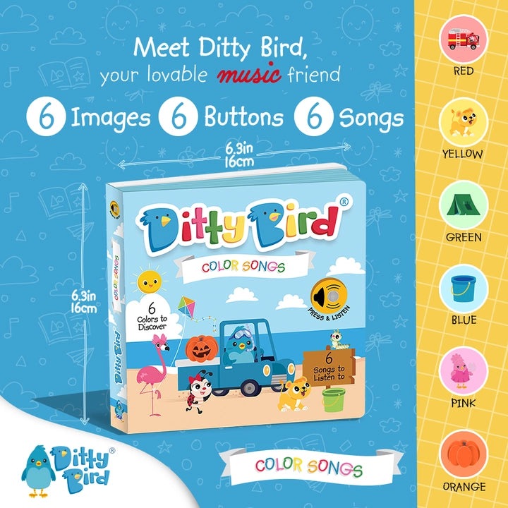 Ditty Bird Color Songs USB-C Rechargeable toy on blue backdrop, showing six colorful buttons and six songs.