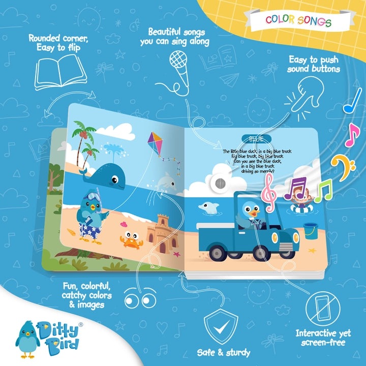 Ditty Bird Color Songs USB-C Rechargeable sound book; open pages reveal singing birds and colorful music notes.