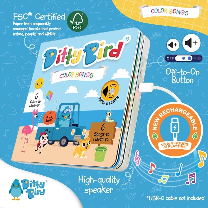 Ditty Bird Color Songs USB-C Rechargeable sound book in blue; child presses the button to listen.