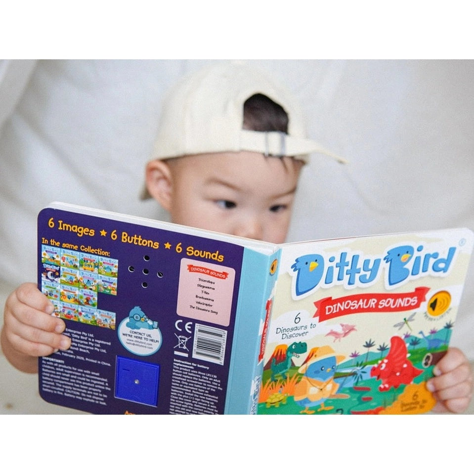 Ditty Bird Dinosaur Sounds USB-C Rechargeable children's book being read by a young kid in a beige cap.