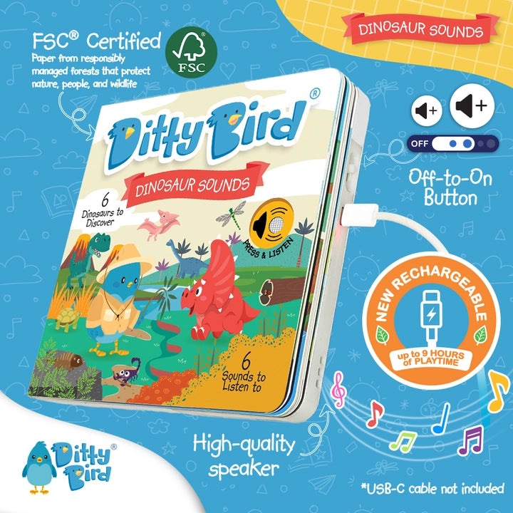Ditty Bird Sound Book Dinosaur Sounds USB-C Rechargeable, blue cover shown charging via USB-C cable.