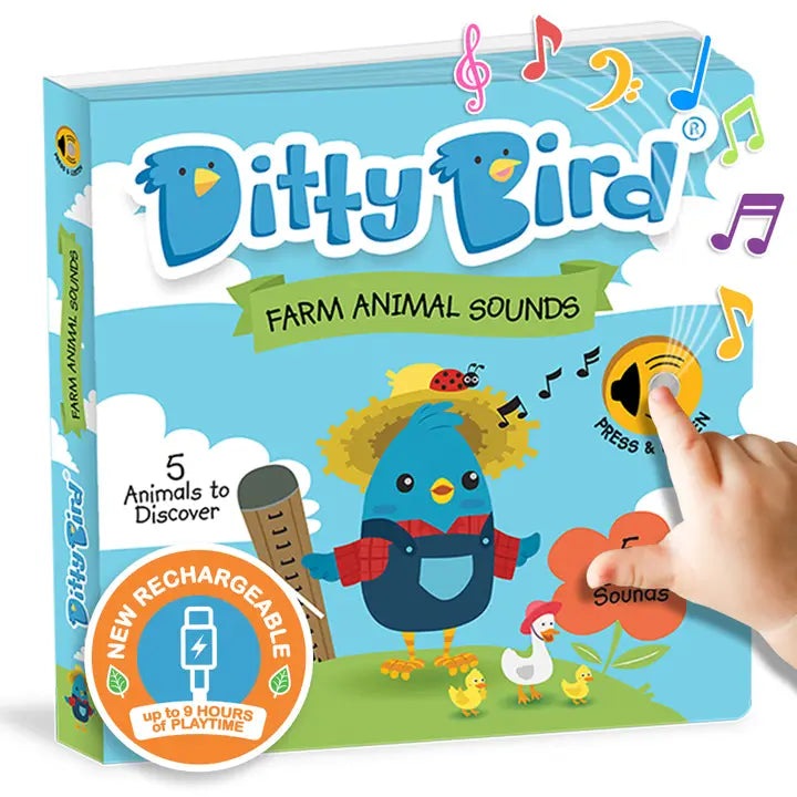 Ditty Bird Farm Animal Sounds USB-C rechargeable educational toy; blue bird on a sunny farm, hand pressing a sound button.