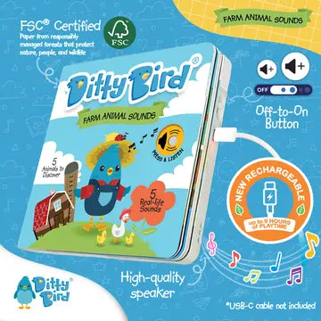 Ditty Bird Sound Book Farm Animal USB-C Rechargeable, with a child pressing the off-on button to hear sounds.