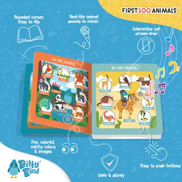 Ditty Bird Sound Book First 100 Animals USB-C rechargeable, child presses large buttons