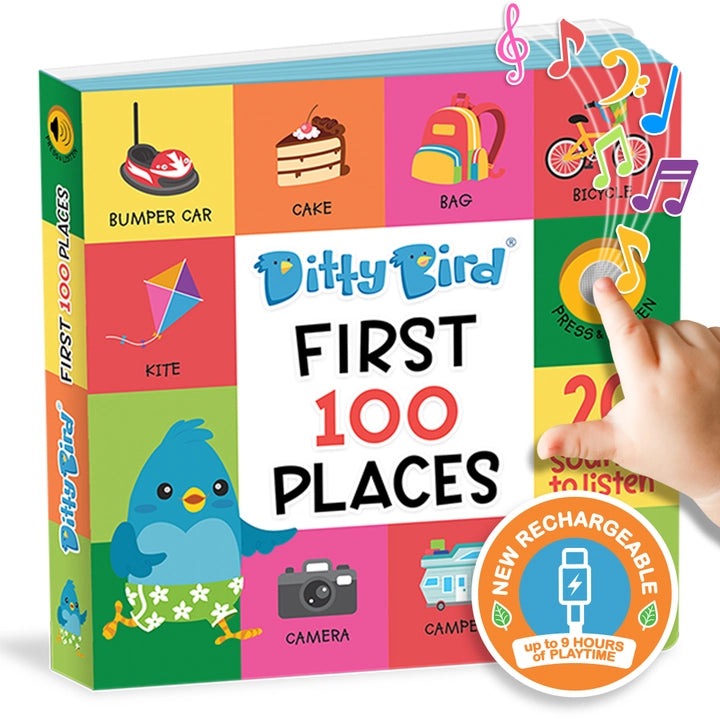 Ditty Bird First 100 Places USB-C Rechargeable sound book; bright collage cover with a hand pressing to play sounds.