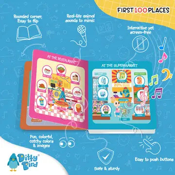 Ditty Bird Sound Book First 100 Places USB-C Rechargeable, open colorful pages with sound icons and buttons being tapped.