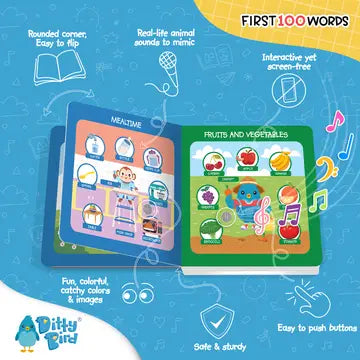 Ditty Bird Sound Book First 100 Words USB-C Rechargeable, two colorful panels opened to Mealtime and Fruits & Vegetables.