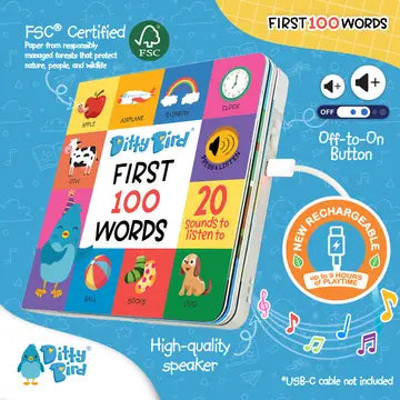 Ditty Bird Sound Book First 100 Words USB-C Rechargeable, a bright interactive toy tablet being charged with a USB-C cable.