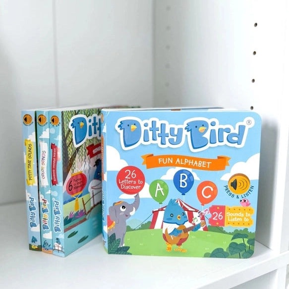Ditty Bird Sound Book Fun Alphabet USB-C Rechargeable; blue box on shelf showing A B C letters and sounds feature.
