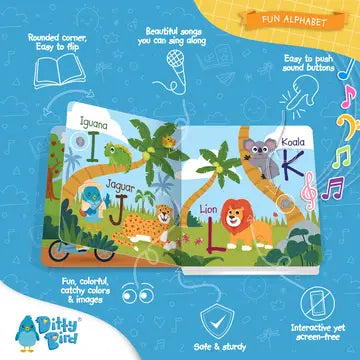 Ditty Bird Sound Book Fun Alphabet USB-C Rechargeable; a bright jungle scene shows animals and letters as a child flips the book.