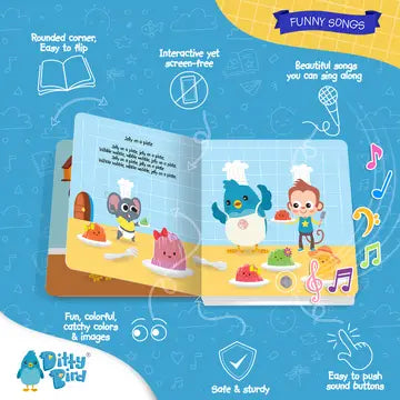 Ditty Bird Sound Book Funny Songs USB-C Rechargeable opened to colorful pages as kids and animals sing.