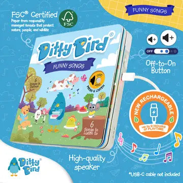 Ditty Bird Sound Book Funny Songs USB-C Rechargeable, a bright blue DITTY BIRD toy with USB-C charging, proving its rechargeable speaker.